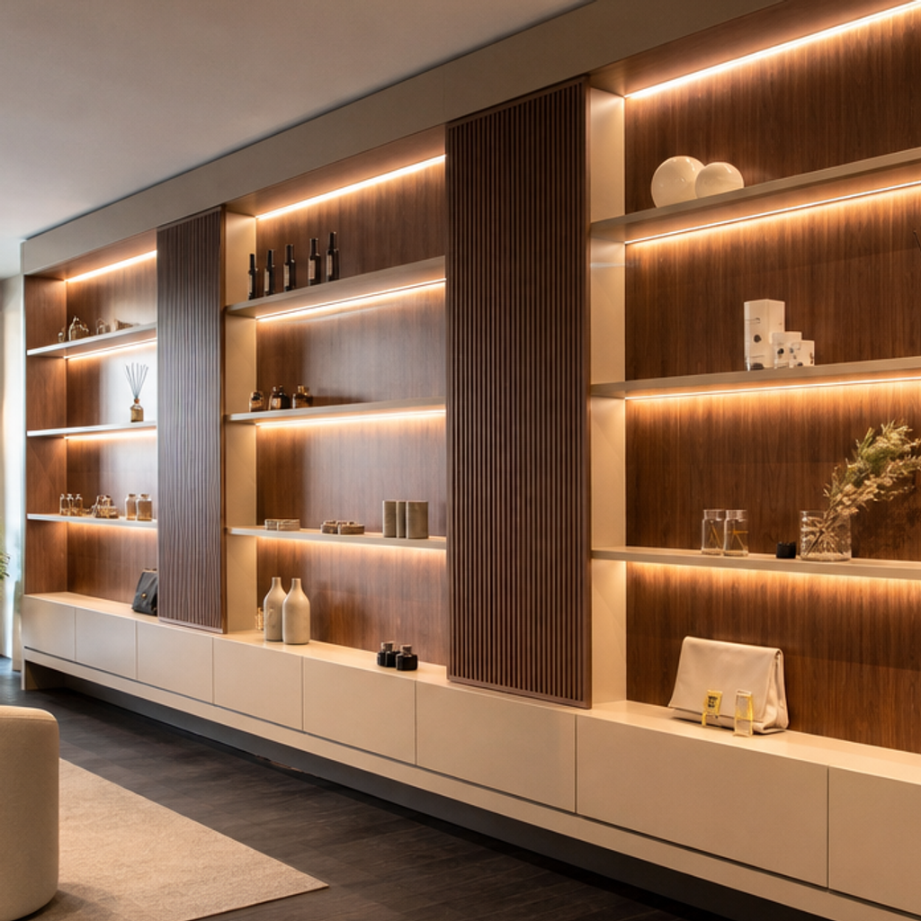 Parete showroom con LED Noce LED 4