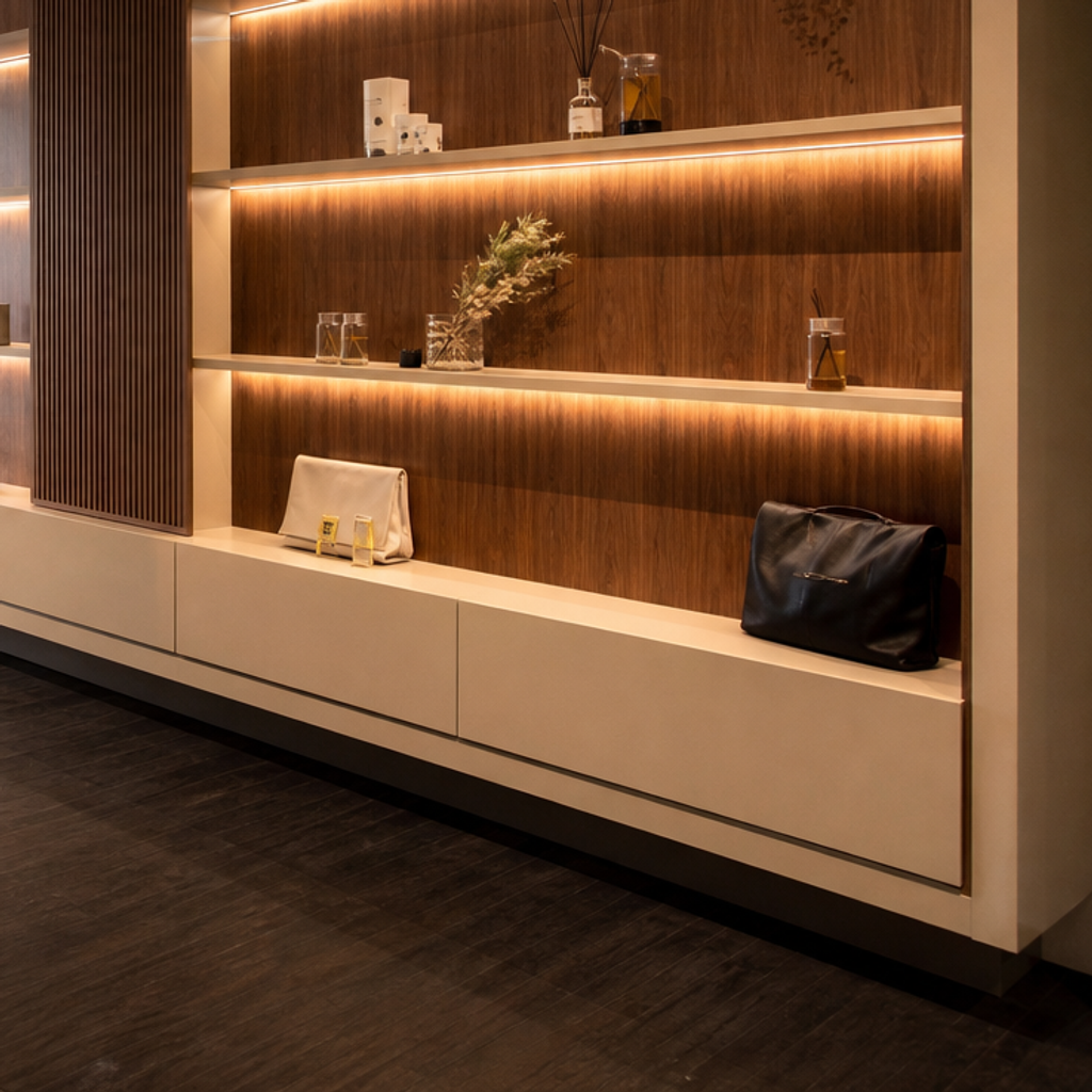 Parete showroom con LED Noce LED 5