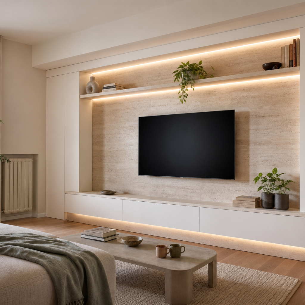Parete TV full wall premium Travertino Chiaro 1