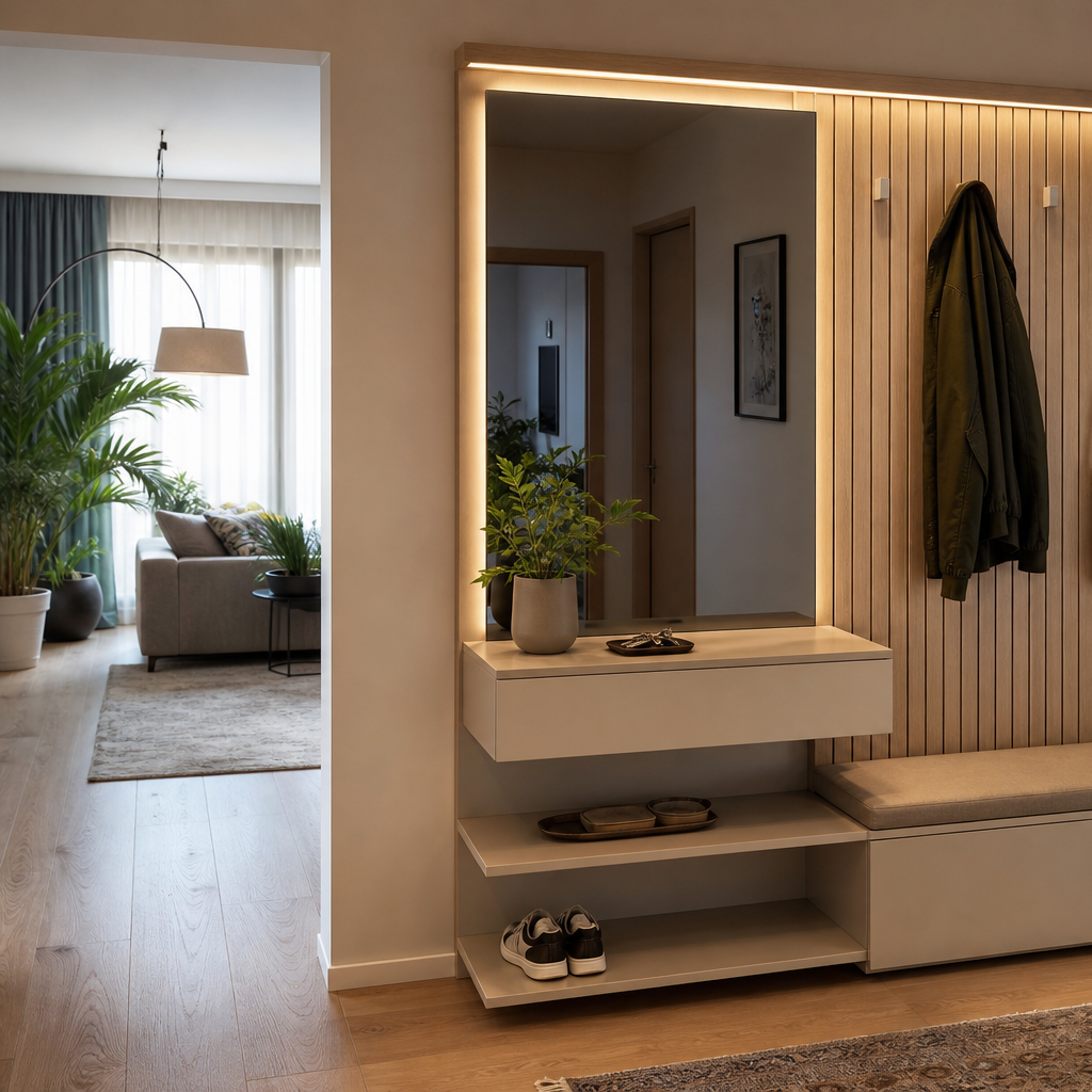 Parete ingresso effetto legno Rovere Specchio 2