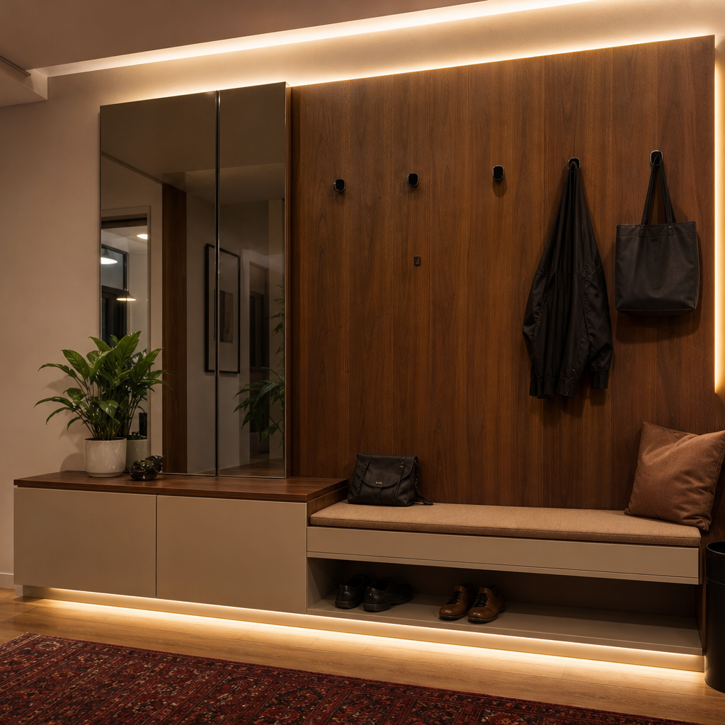 Parete ingresso effetto legno Noce Specchio 1