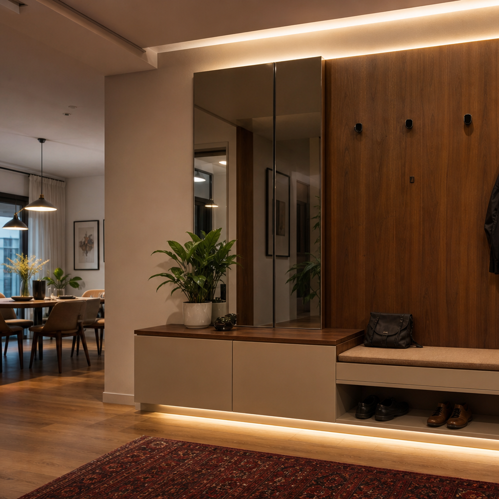 Parete ingresso effetto legno Noce Specchio 2