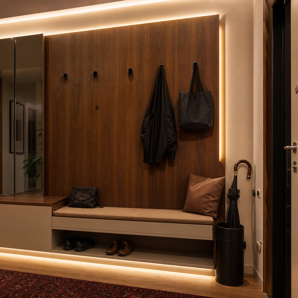 Parete ingresso effetto legno Noce Specchio 3