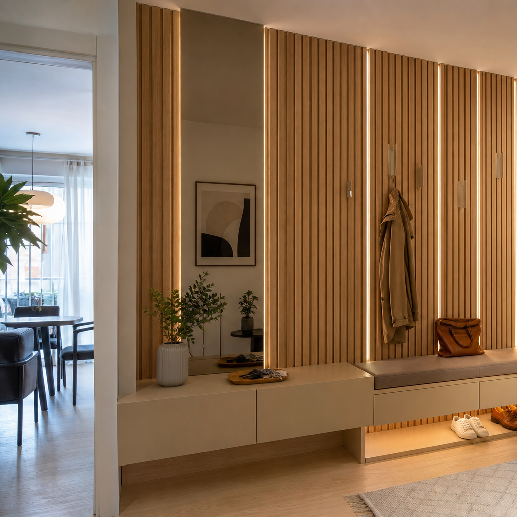 Parete corridoio con ritmo verticale Rovere Specchio 2