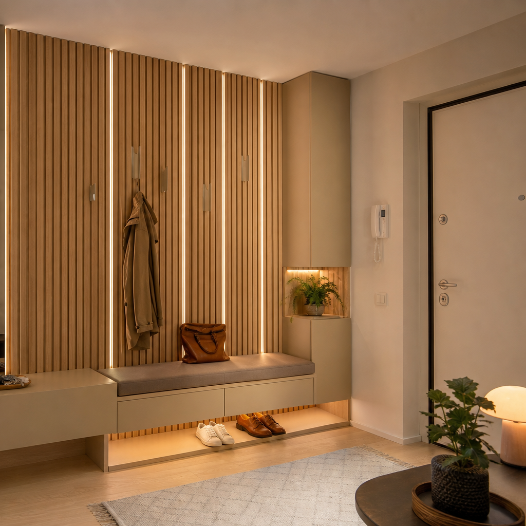 Parete corridoio con ritmo verticale Rovere Specchio 3