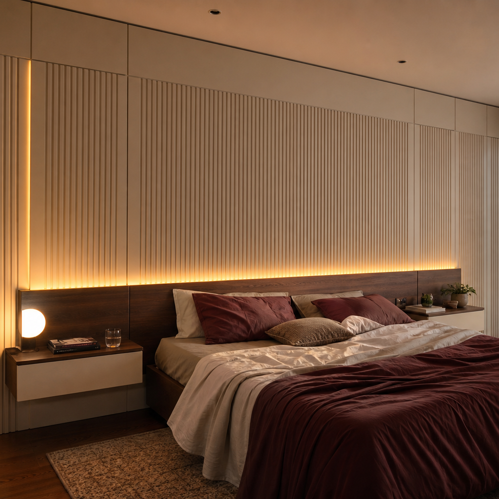 Parete camera hotel style Canapa Noce 1