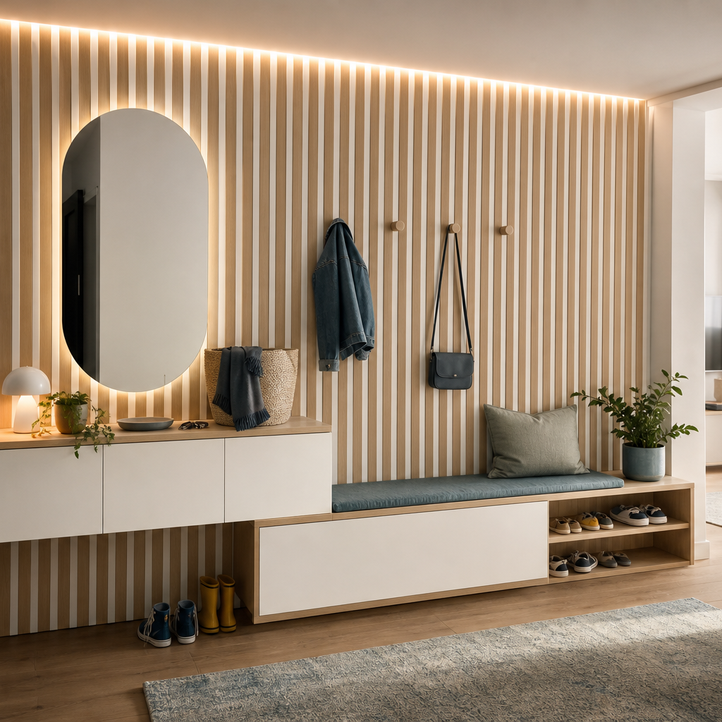 Parete corridoio con ritmo verticale Bianco Rovere 1