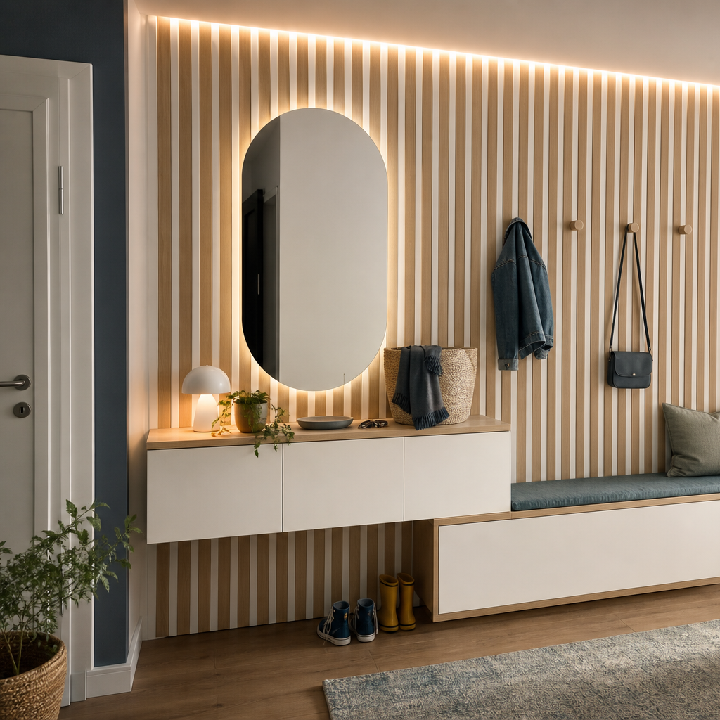 Parete corridoio con ritmo verticale Bianco Rovere 2