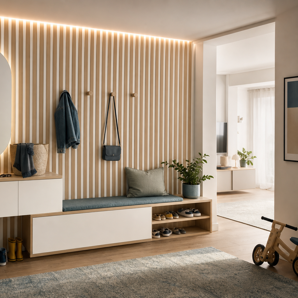 Parete corridoio con ritmo verticale Bianco Rovere 3