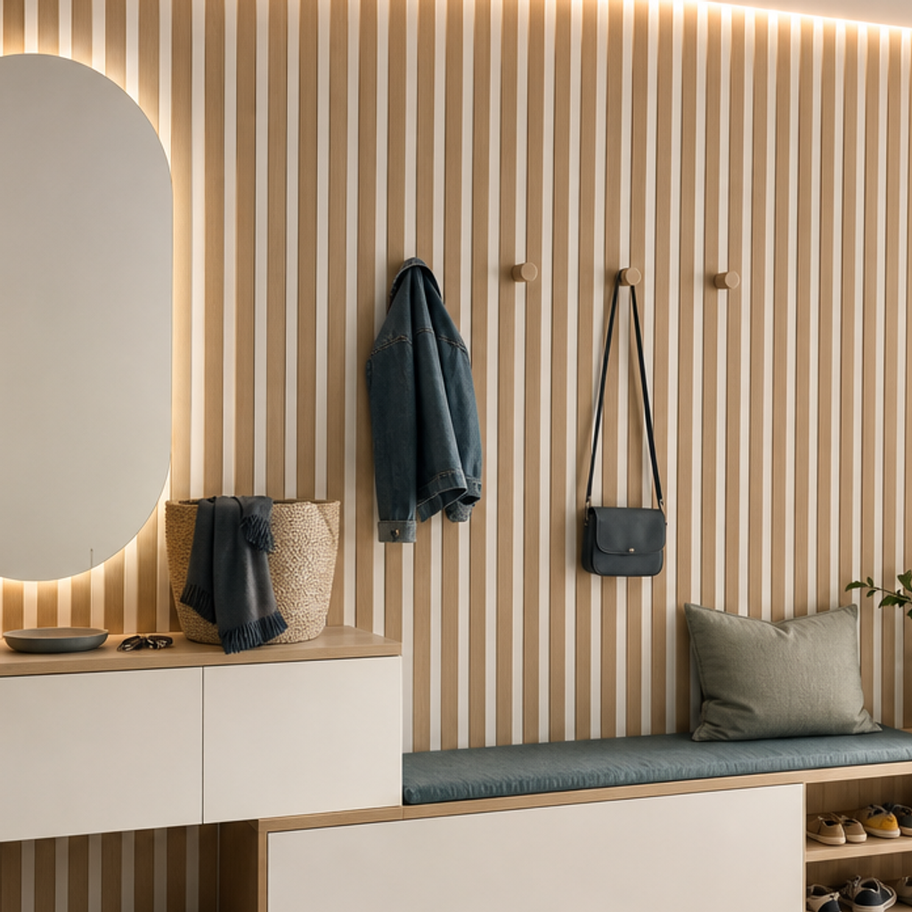 Parete corridoio con ritmo verticale Bianco Rovere 4