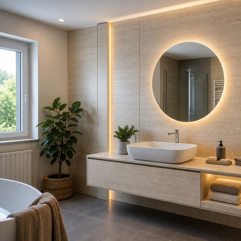 Parete bagno moderna chiara Travertino LED 2