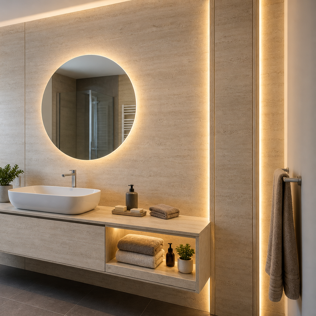 Parete bagno moderna chiara Travertino LED 3