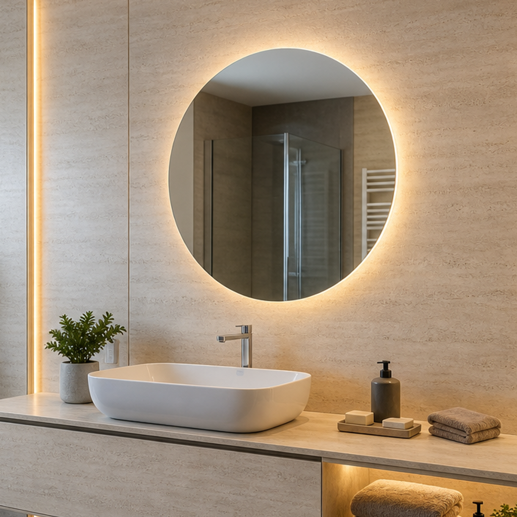 Parete bagno moderna chiara Travertino LED 4