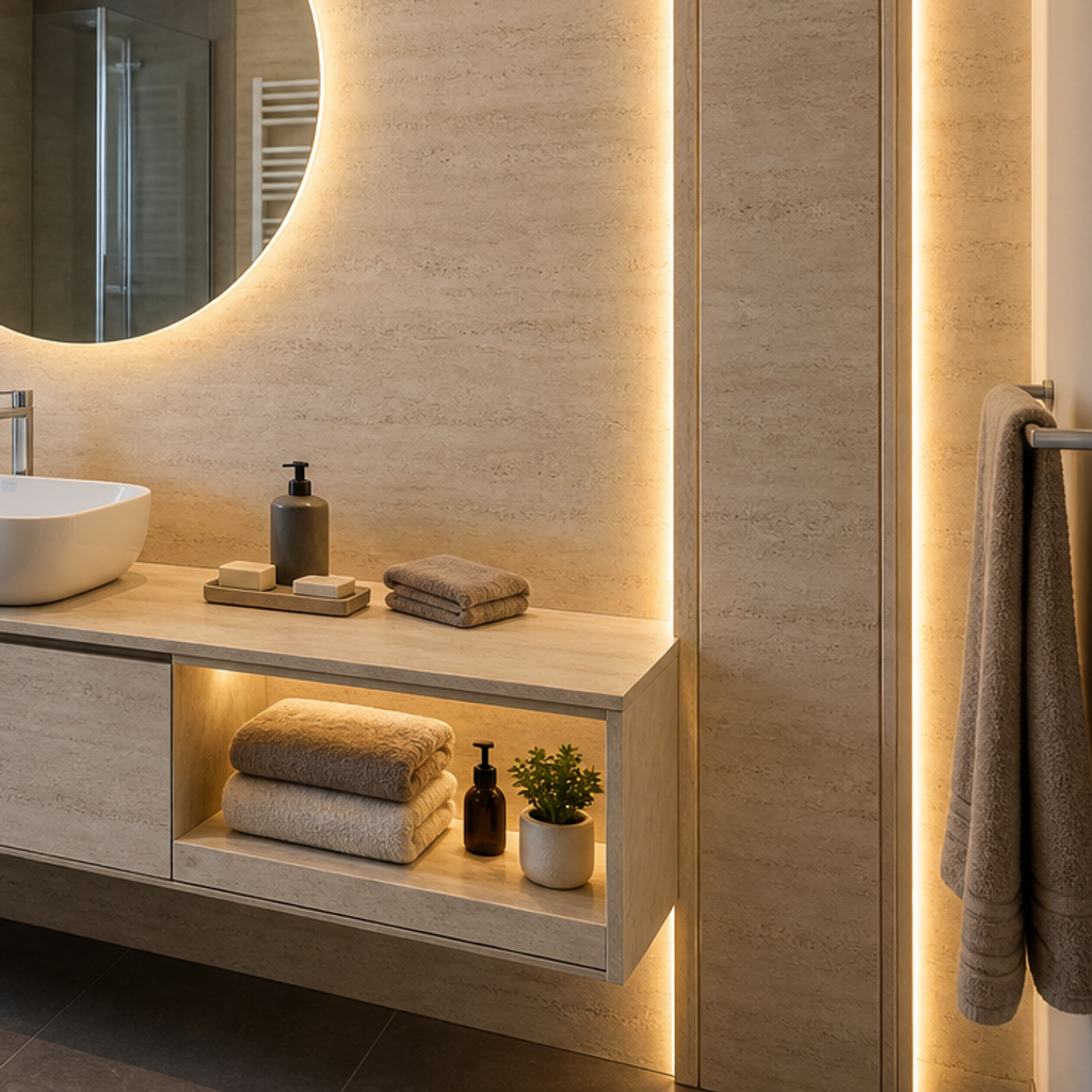 Parete bagno moderna chiara Travertino LED 5