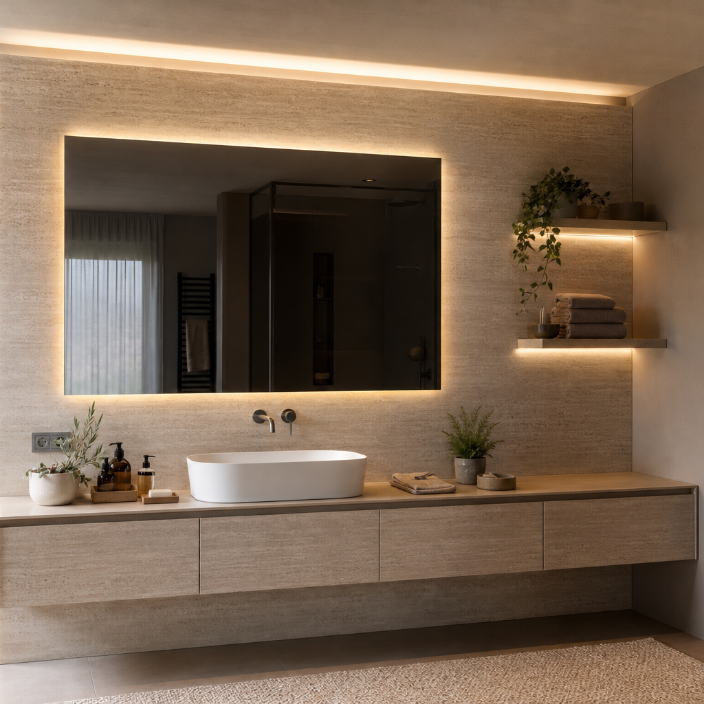 Parete bagno con specchio fume Travertino LED 1