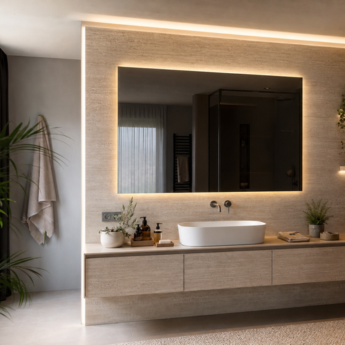 Parete bagno con specchio fume Travertino LED 2