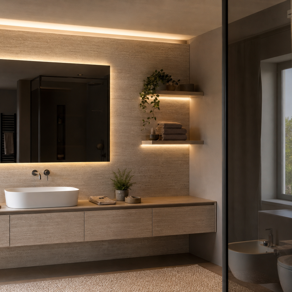Parete bagno con specchio fume Travertino LED 3