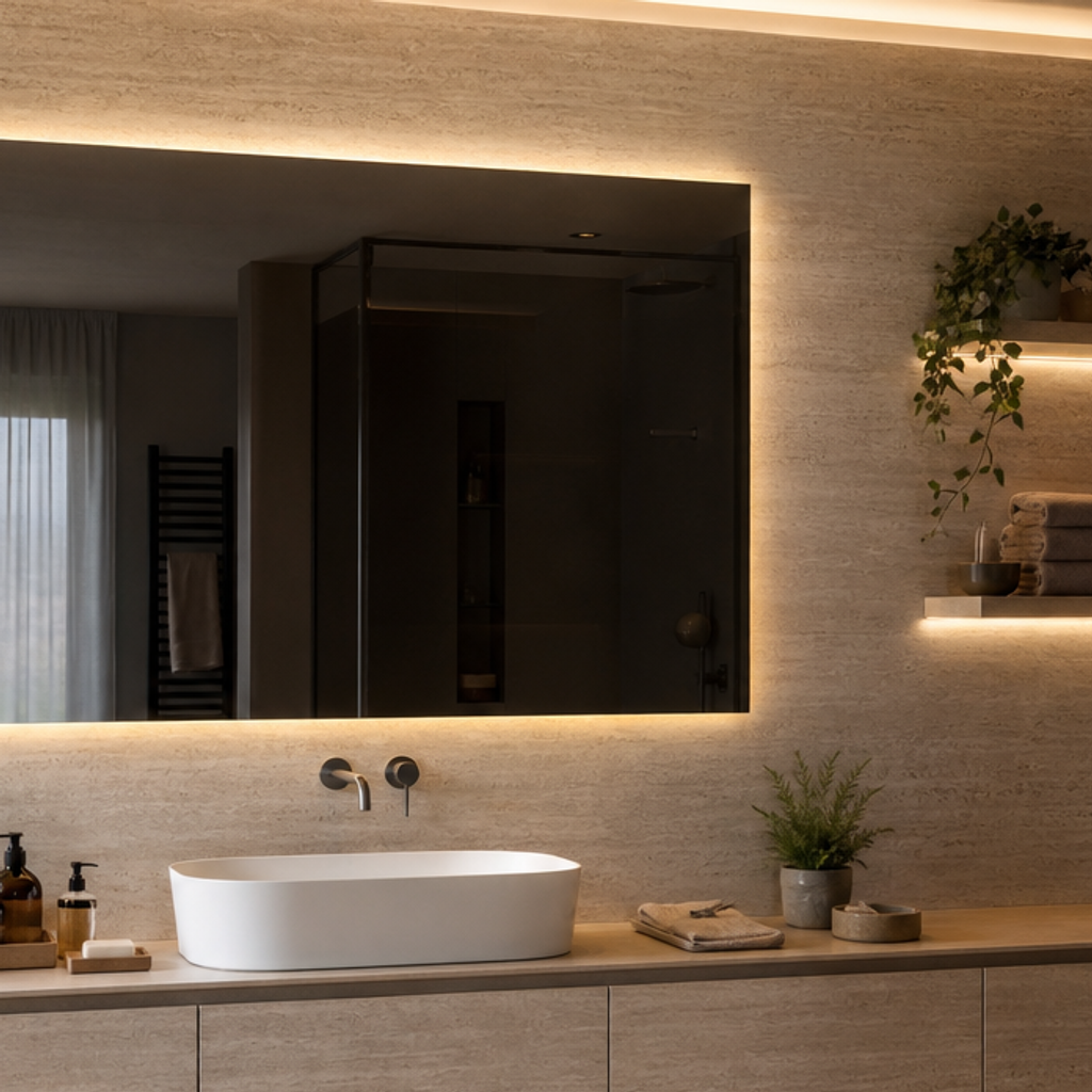 Parete bagno con specchio fume Travertino LED 4