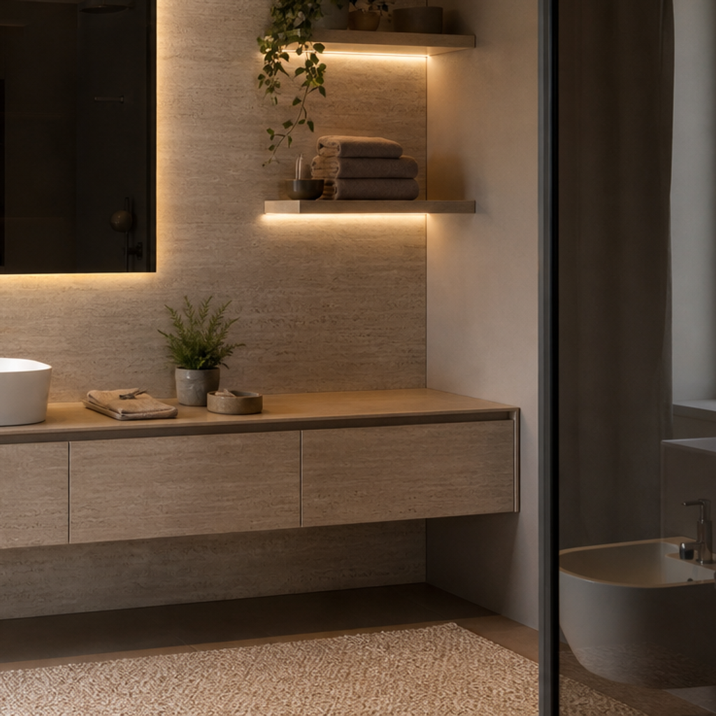 Parete bagno con specchio fume Travertino LED 5