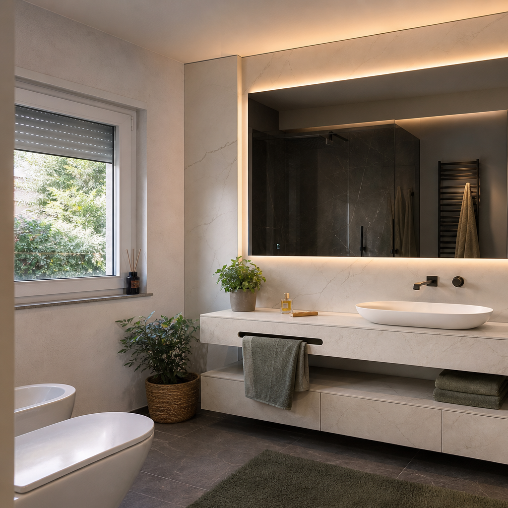Parete bagno con specchio fume HPL Chiaro 2