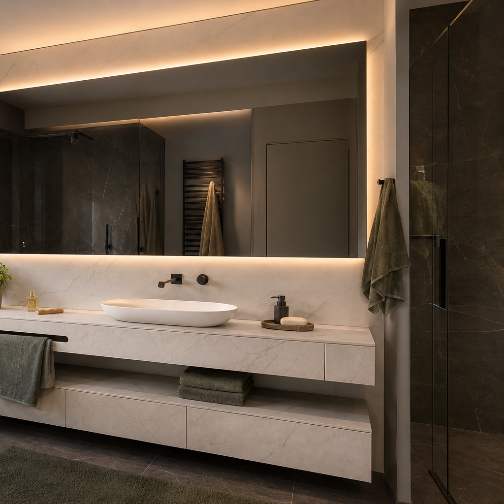 Parete bagno con specchio fume HPL Chiaro 3