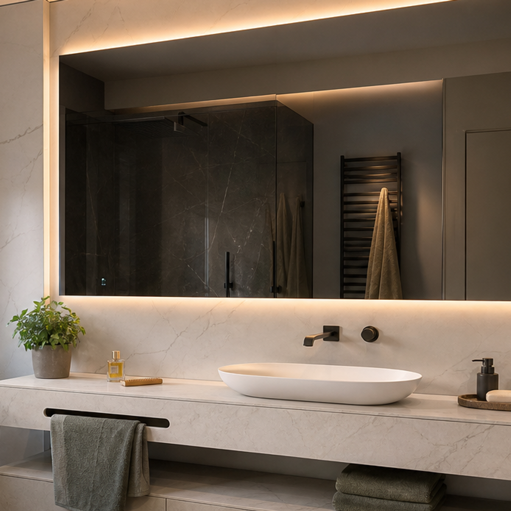 Parete bagno con specchio fume HPL Chiaro 4