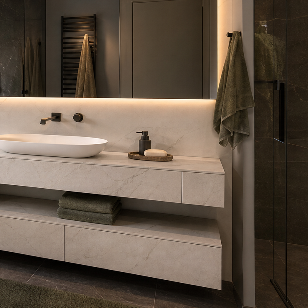 Parete bagno con specchio fume HPL Chiaro 5