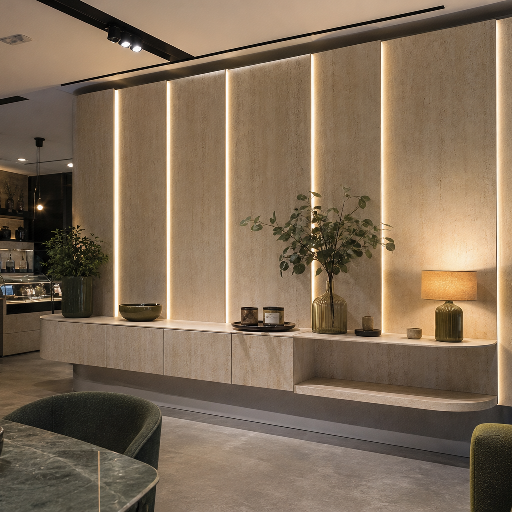 Parete showroom con LED Travertino HPL 1
