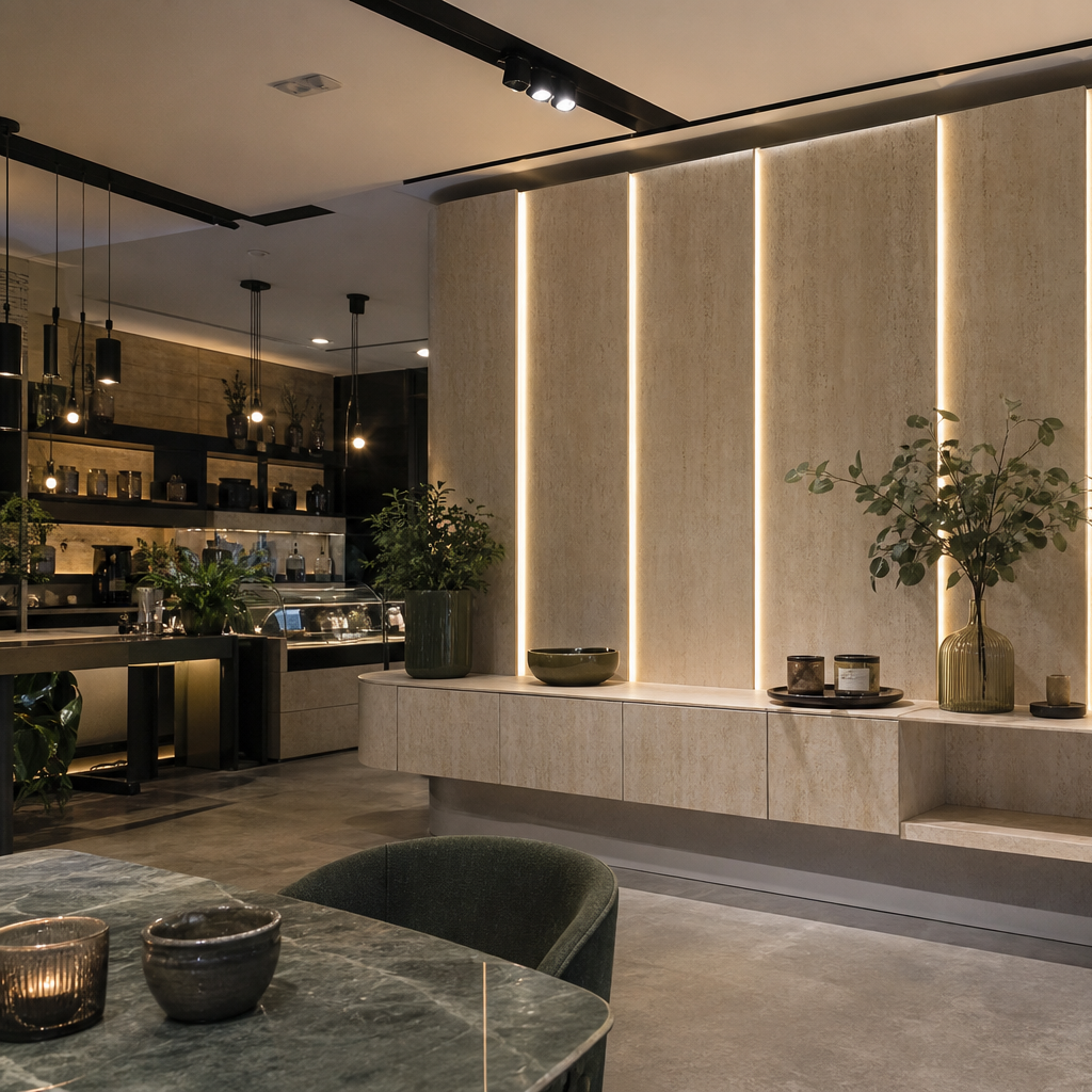 Parete showroom con LED Travertino HPL 2