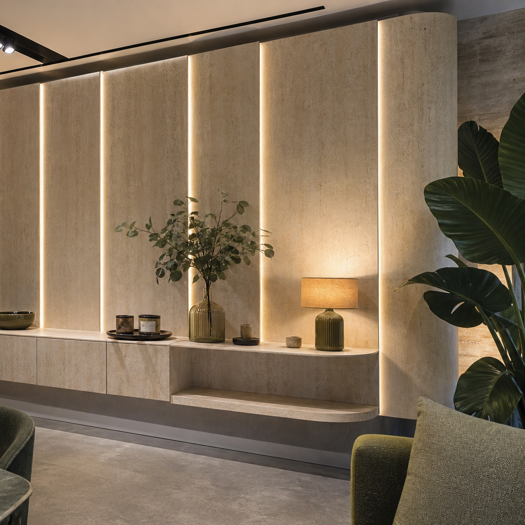 Parete showroom con LED Travertino HPL 3