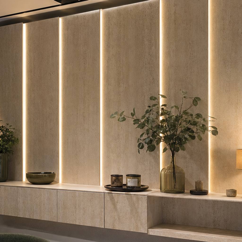 Parete showroom con LED Travertino HPL 4