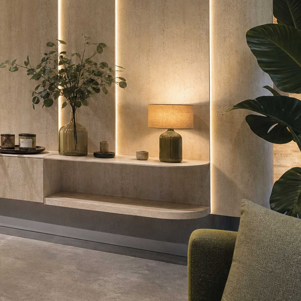Parete showroom con LED Travertino HPL 5