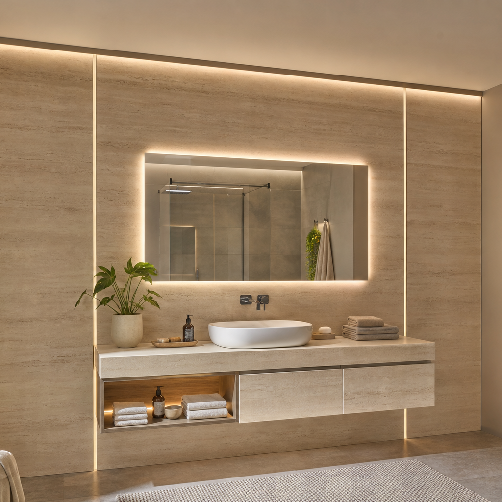 Parete bagno full height Travertino LED 1