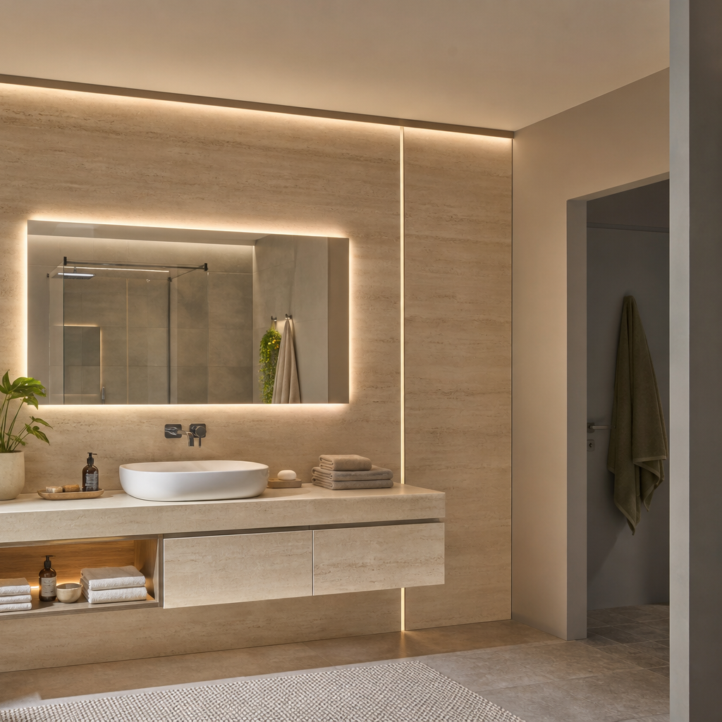 Parete bagno full height Travertino LED 3