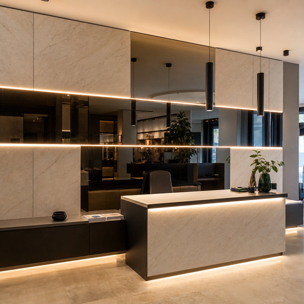 Parete showroom con LED Marmo Specchio 1