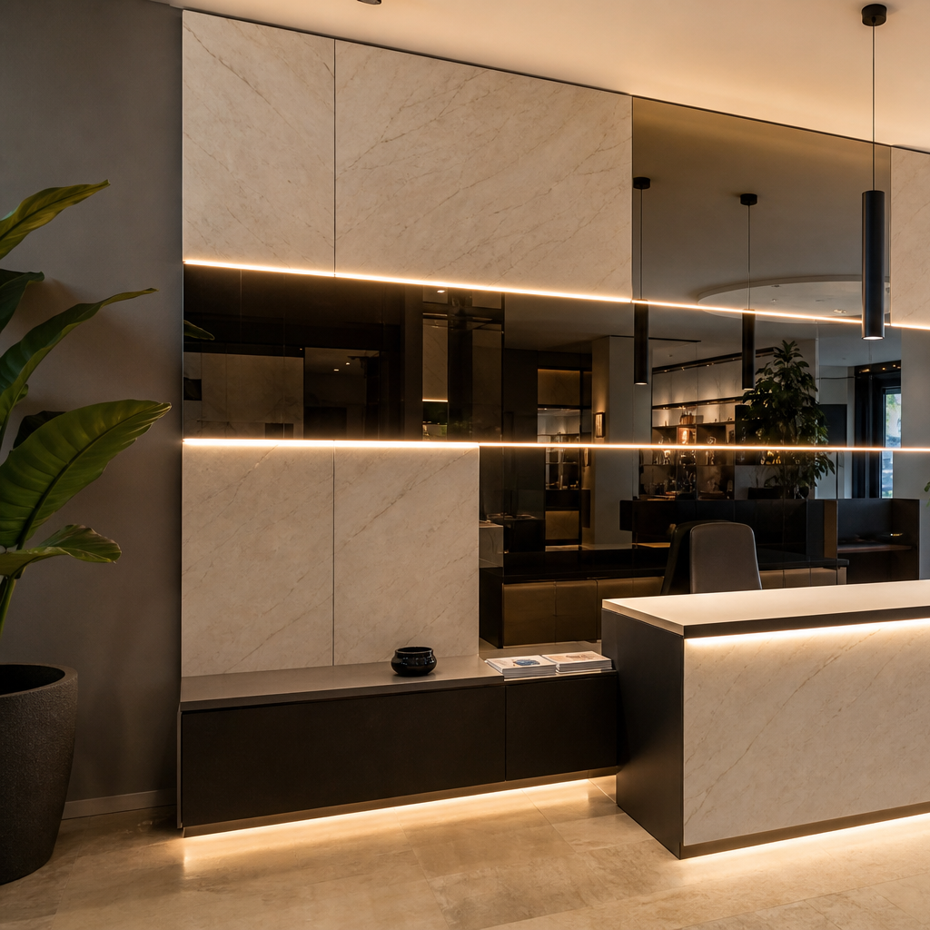 Parete showroom con LED Marmo Specchio 2