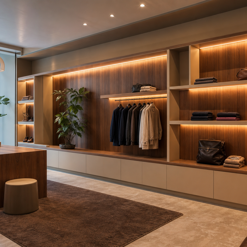 Parete boutique effetto legno Noce LED 1