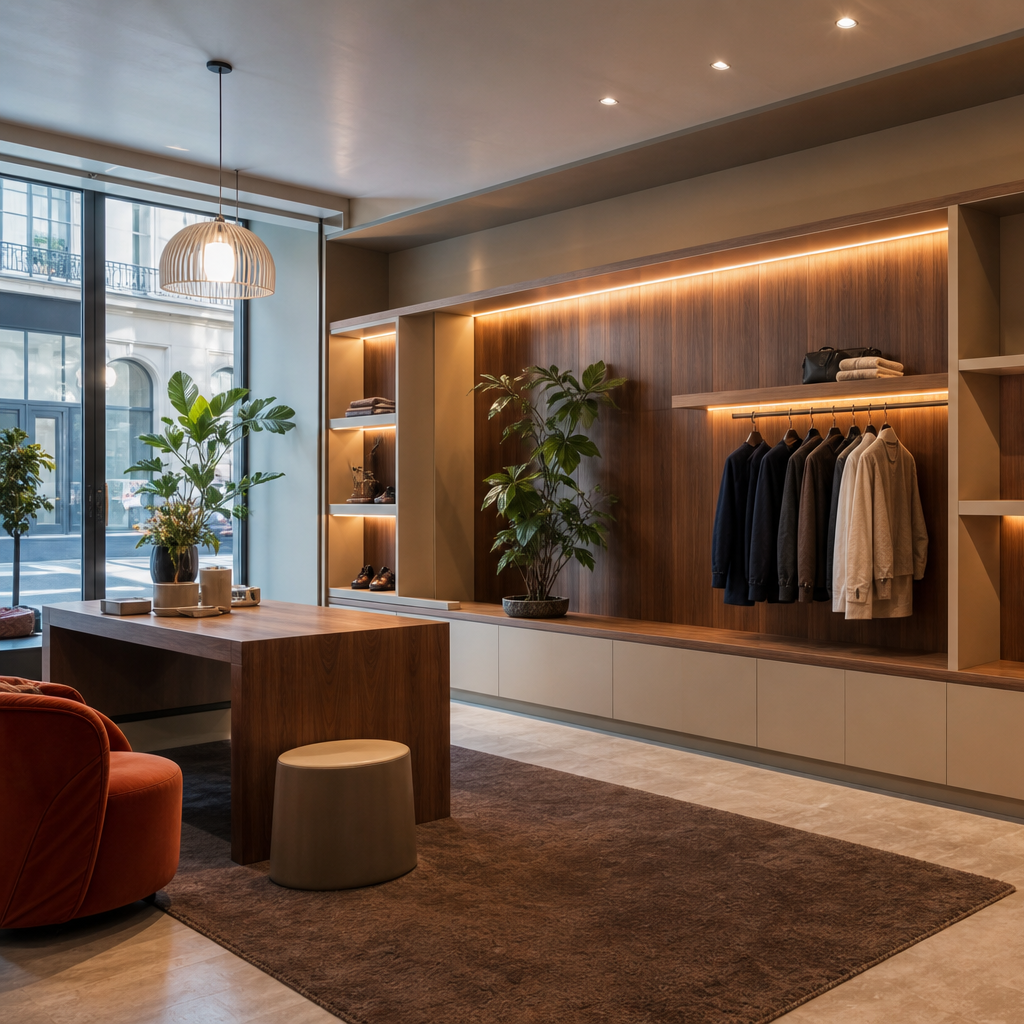 Parete boutique effetto legno Noce LED 2
