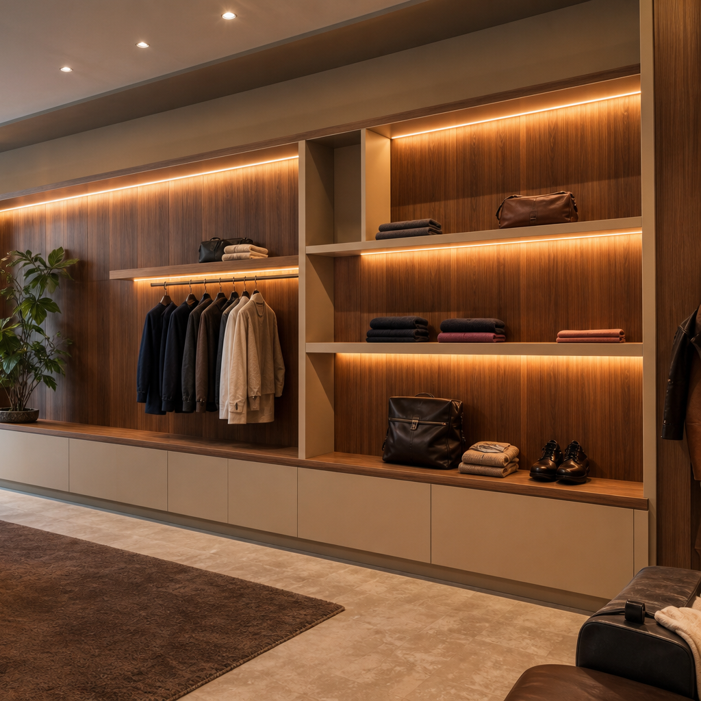 Parete boutique effetto legno Noce LED 3
