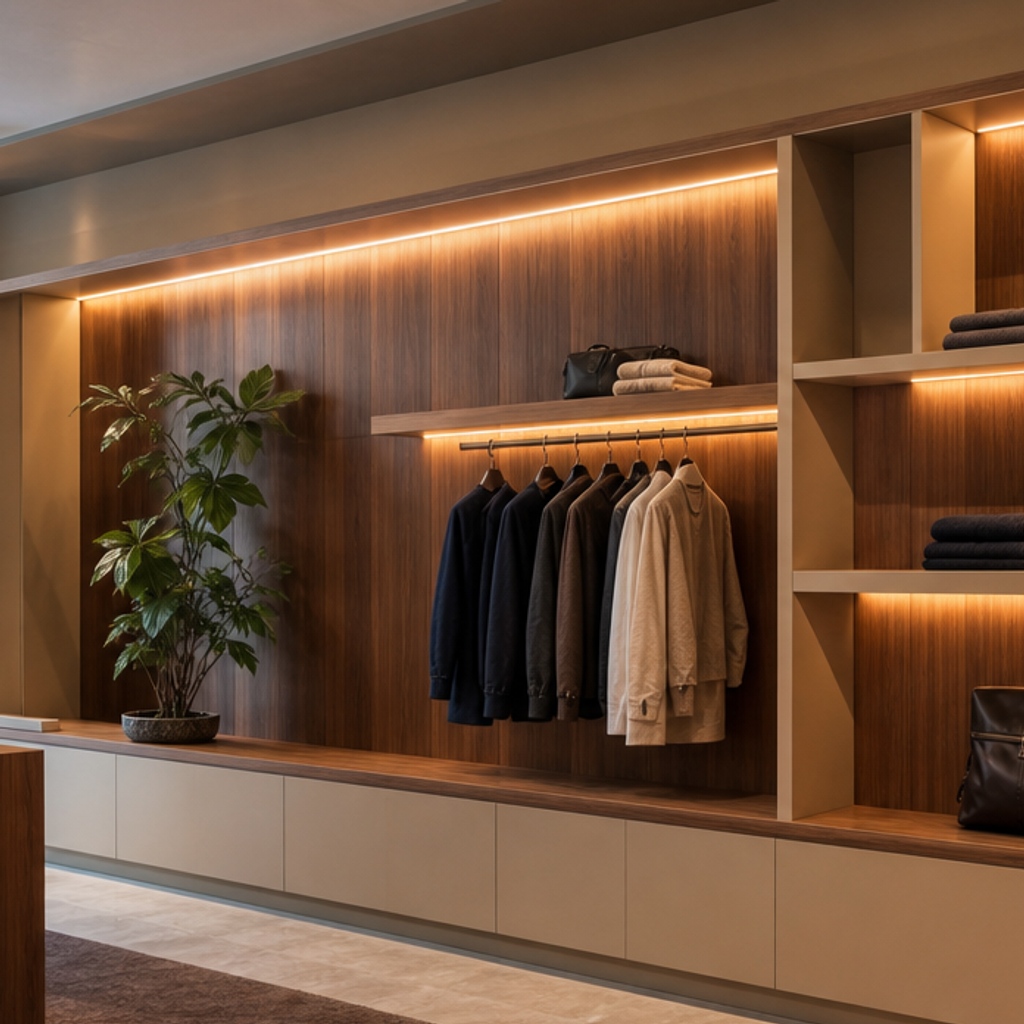 Parete boutique effetto legno Noce LED 4
