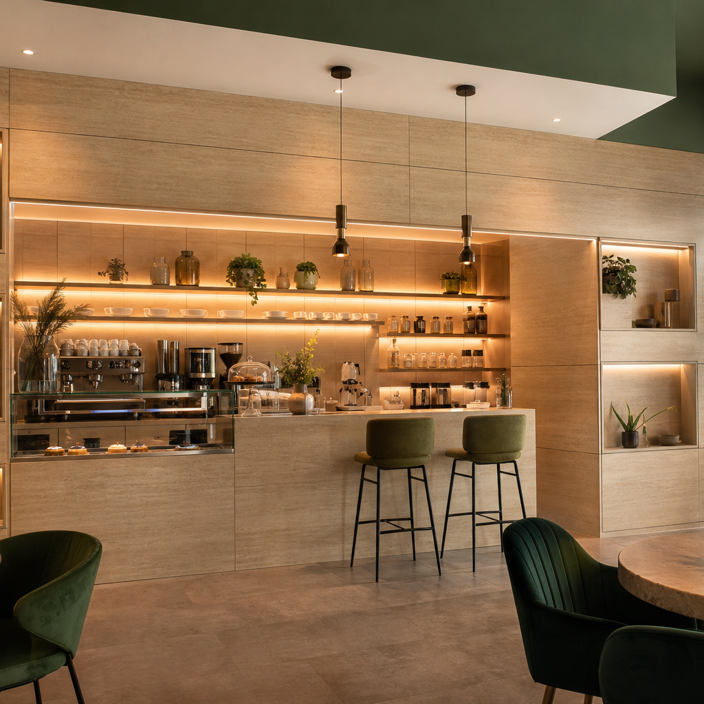 Parete boutique effetto legno Travertino HPL 1