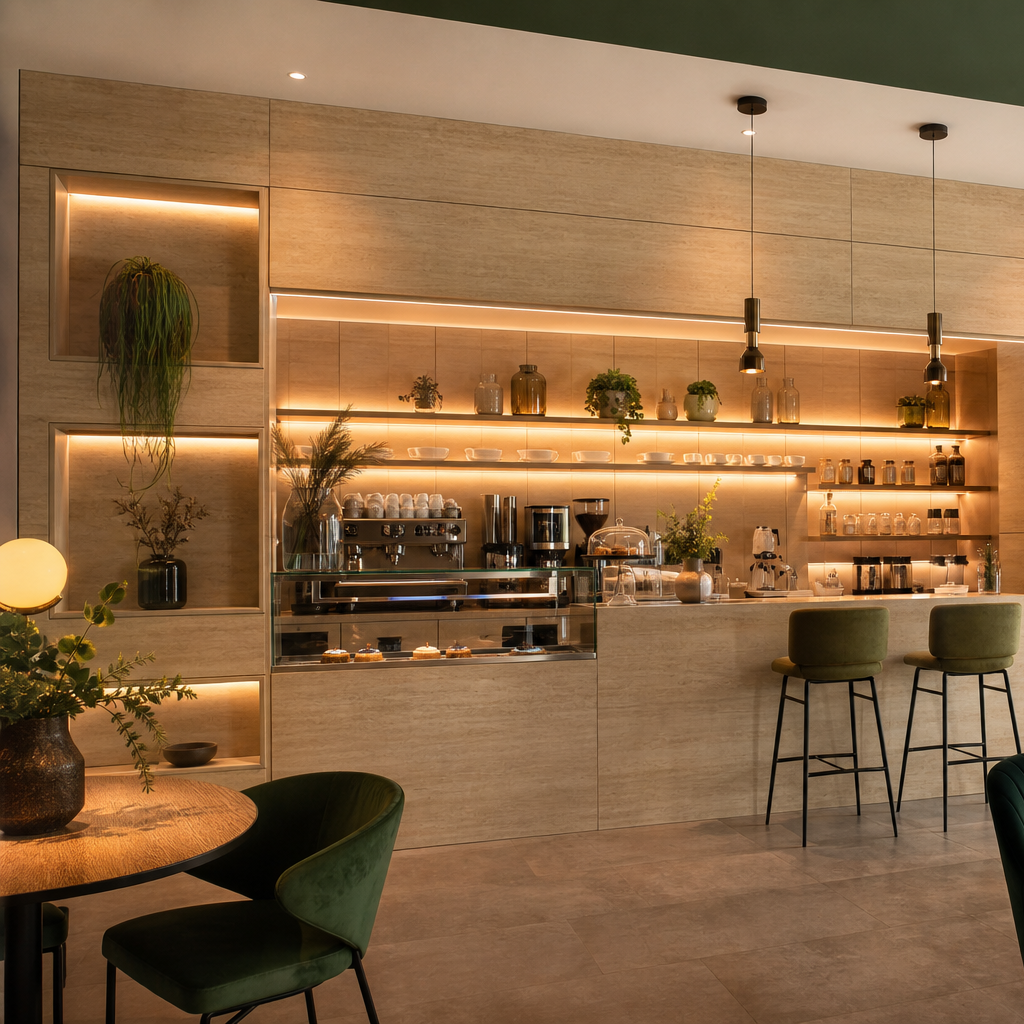 Parete boutique effetto legno Travertino HPL 2