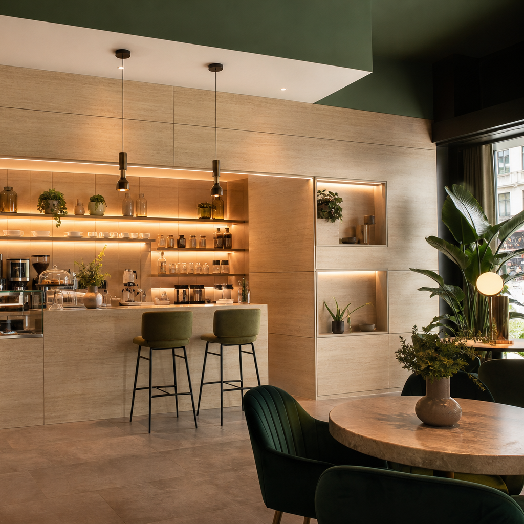 Parete boutique effetto legno Travertino HPL 3