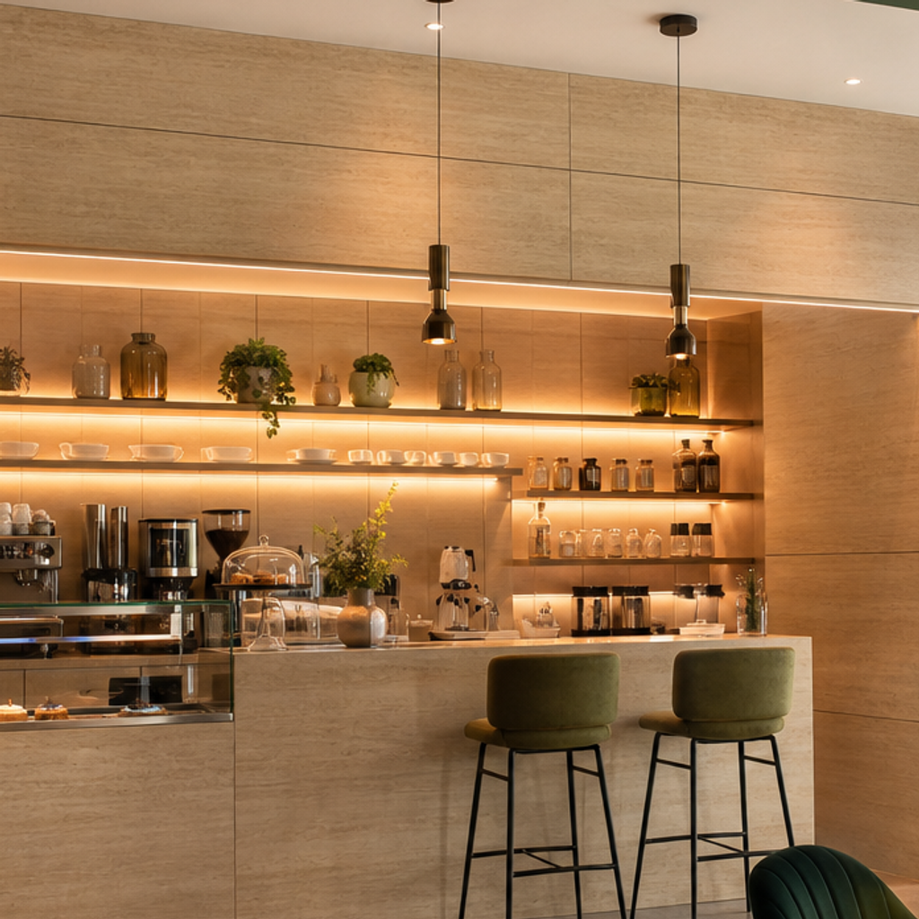 Parete boutique effetto legno Travertino HPL 4