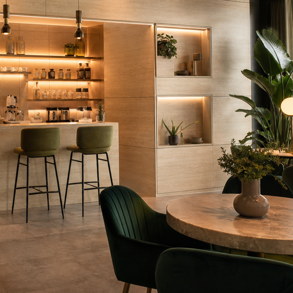 Parete boutique effetto legno Travertino HPL 5