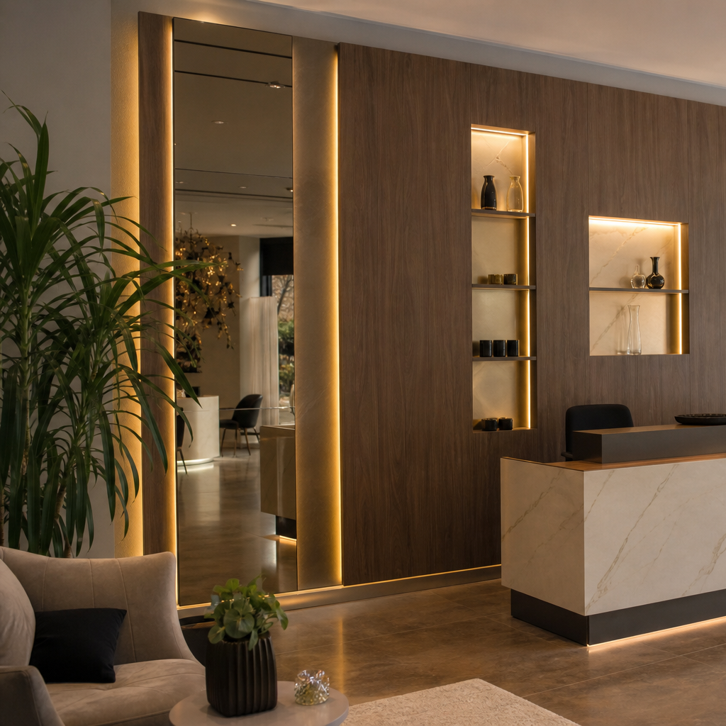 Parete boutique effetto legno Marmo Specchio 2