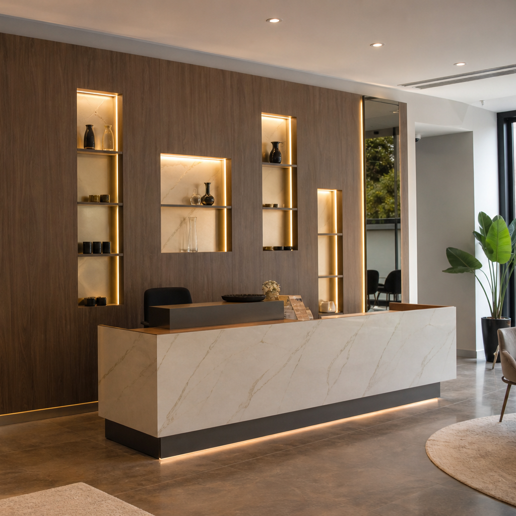 Parete boutique effetto legno Marmo Specchio 3