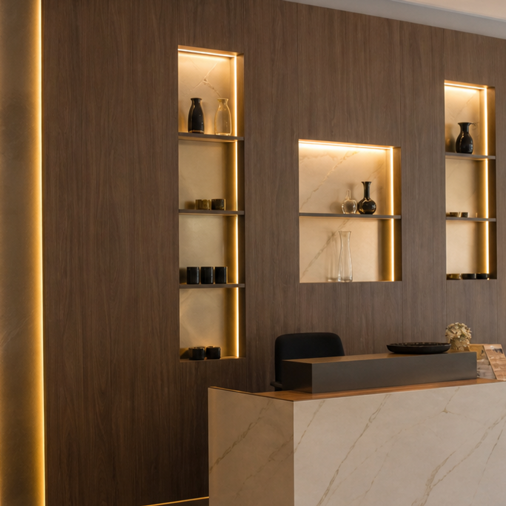 Parete boutique effetto legno Marmo Specchio 4