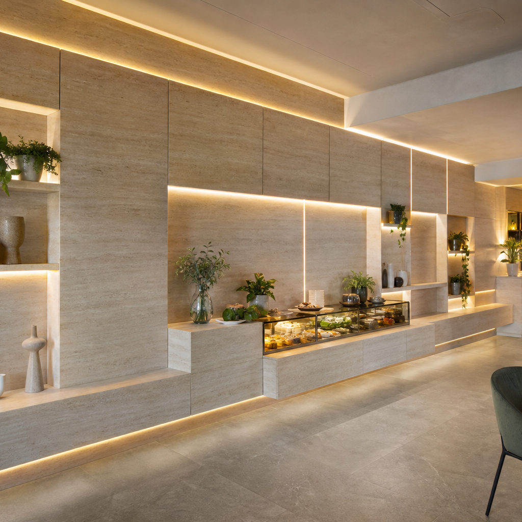 Parete commerciale full wall Travertino HPL 1