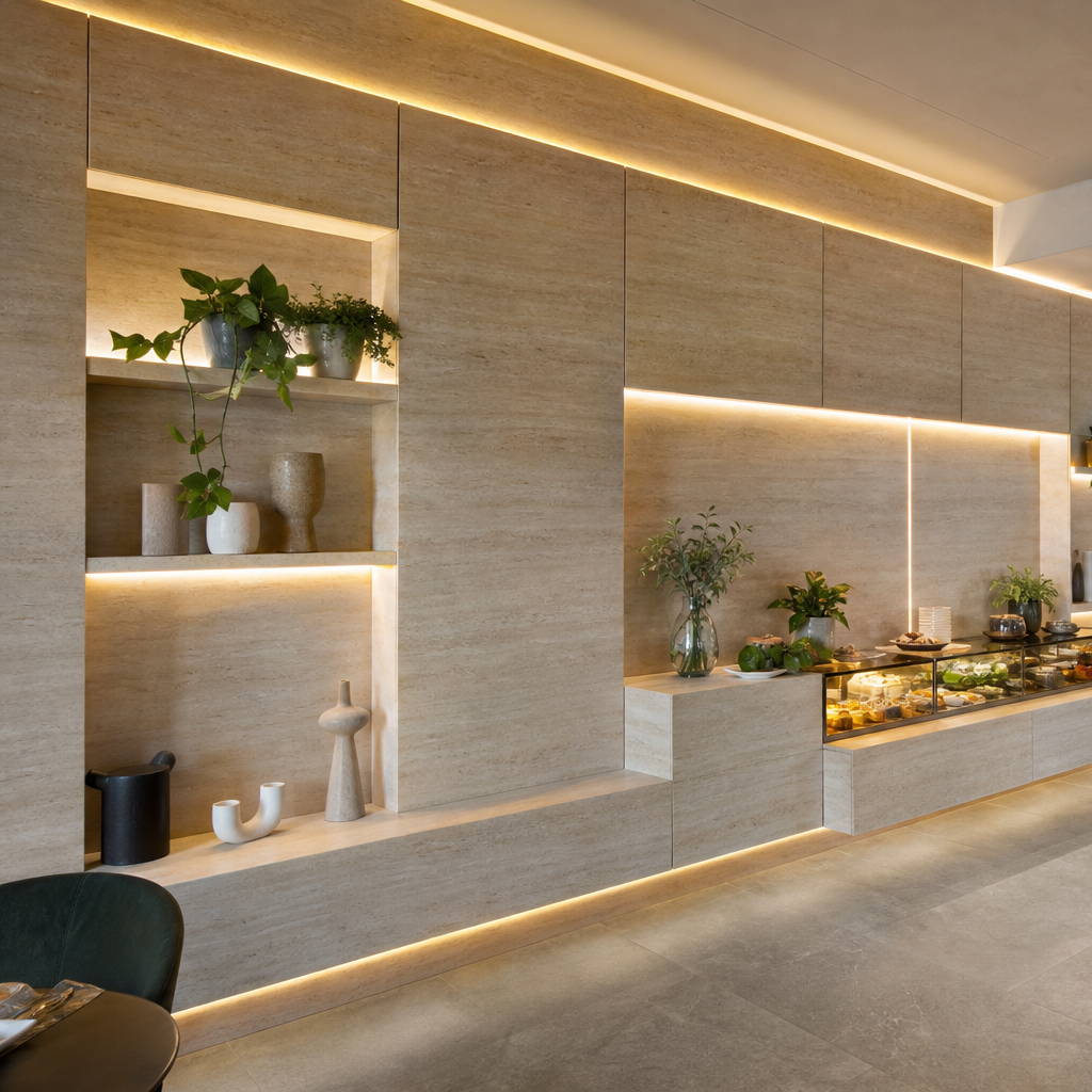 Parete commerciale full wall Travertino HPL 2